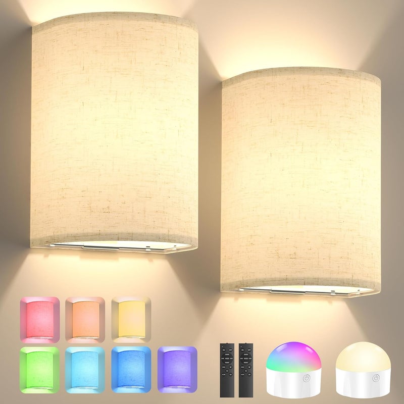 Yunaking Battery Operated Wall Sconce Set of Two: 10000mAh Wireless Wall Light with Rechargeable Magnetic Bulb - Dimmable Wall Lamp with 7 RGB Colors - Linen Shade Sconces with Remote for Bedroom Living Room - Image 1